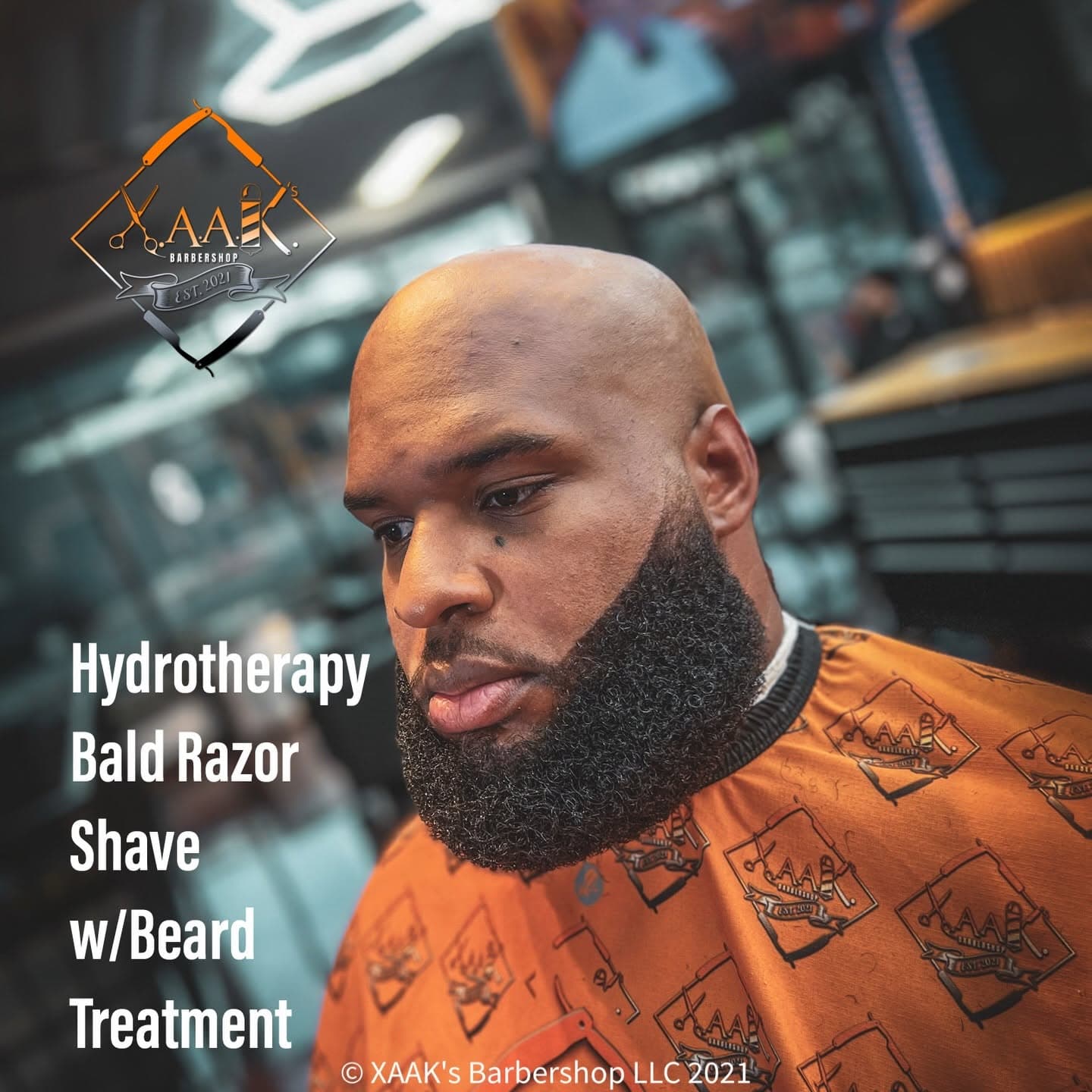 Bald razor shave with beard treatment